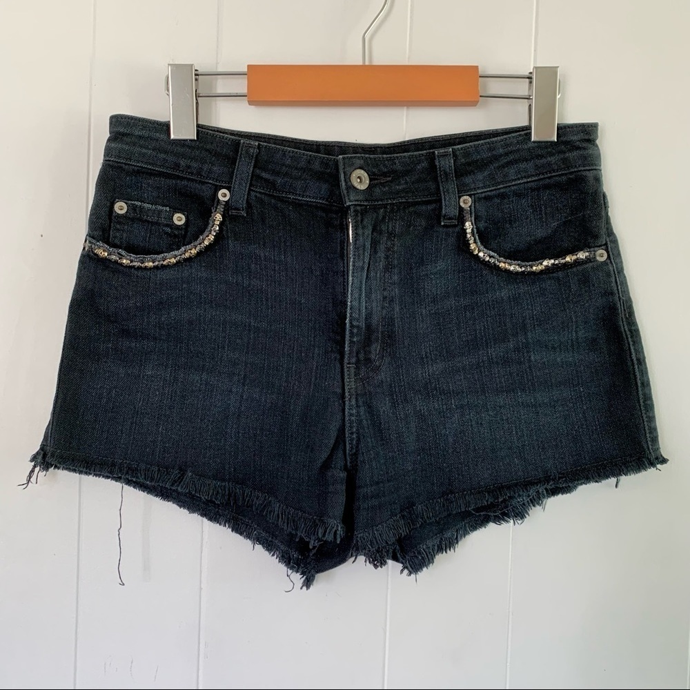 CARMAR Denim Skull Bead Shorts Embellished Distressed Heart Jean Black Beaded